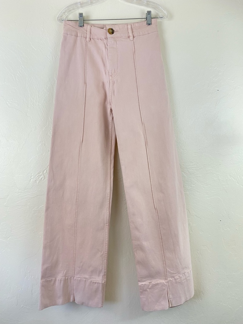 Stradivarius 06 Pale Pink Ribbed Stretch Cotton High Waisted Straight Leg Jean